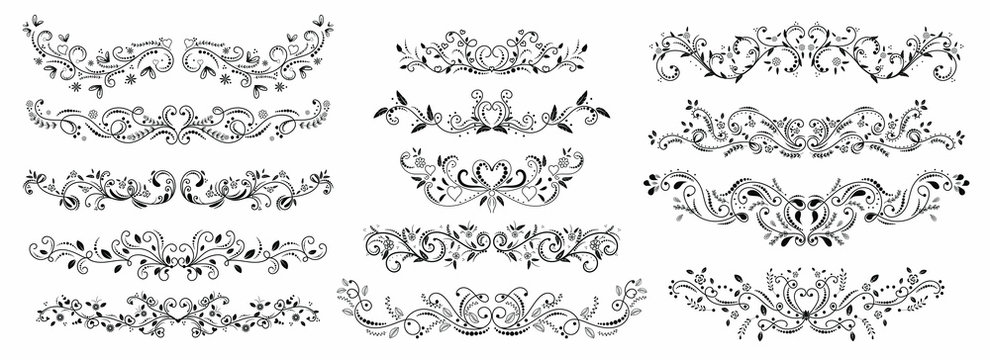 wreath design ornaments with flowers and hearts vectors. Branches with Ornaments vector.   Doodle design elements. Decorative swirls dividers