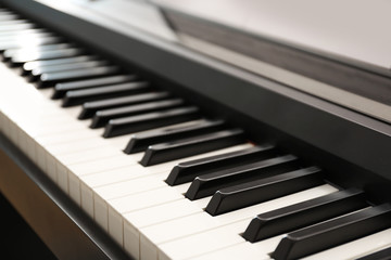 Modern piano with black and white keys, closeup