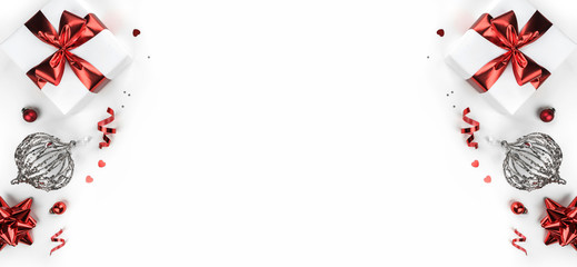 Obraz premium Christmas gift boxes with red ribbon, sparkles, confetti and decoration on white background. Xmas and Happy New Year holiday. Flat lay, top view