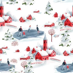 Wallpaper murals Christmas motifs Watercolor vector seamless pattern winter snowy christmas time red house town landscape fir trees