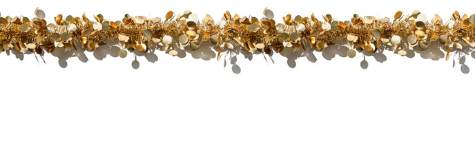 Christmas gold tinsel decoration for holiday on white background. Flat lay, top view, harsh shadow