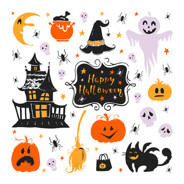 Halloween stickers with traditional symbols and handwritten lettering