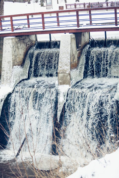 Hidro electro station on river in Kuldiga, Latvia in cold winter day