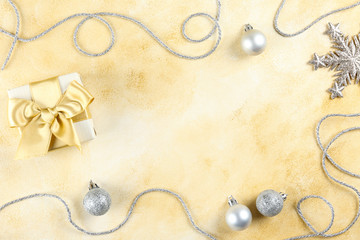 Christmas mood concept. Layout composition with traditional festive attributes, colorful decorations. Winter holidays season. Background, copy space, close up, top view, flat lay.