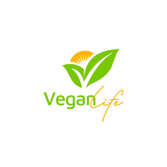 Letter V for Vegan Vegetable Vegetarian Veggie, Check Mark Tips Logo design with Natural Plant Leaf and Sun