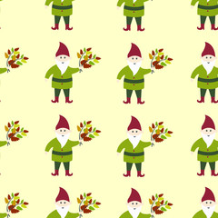 Seamless pattern with gnomes and autumn leaves