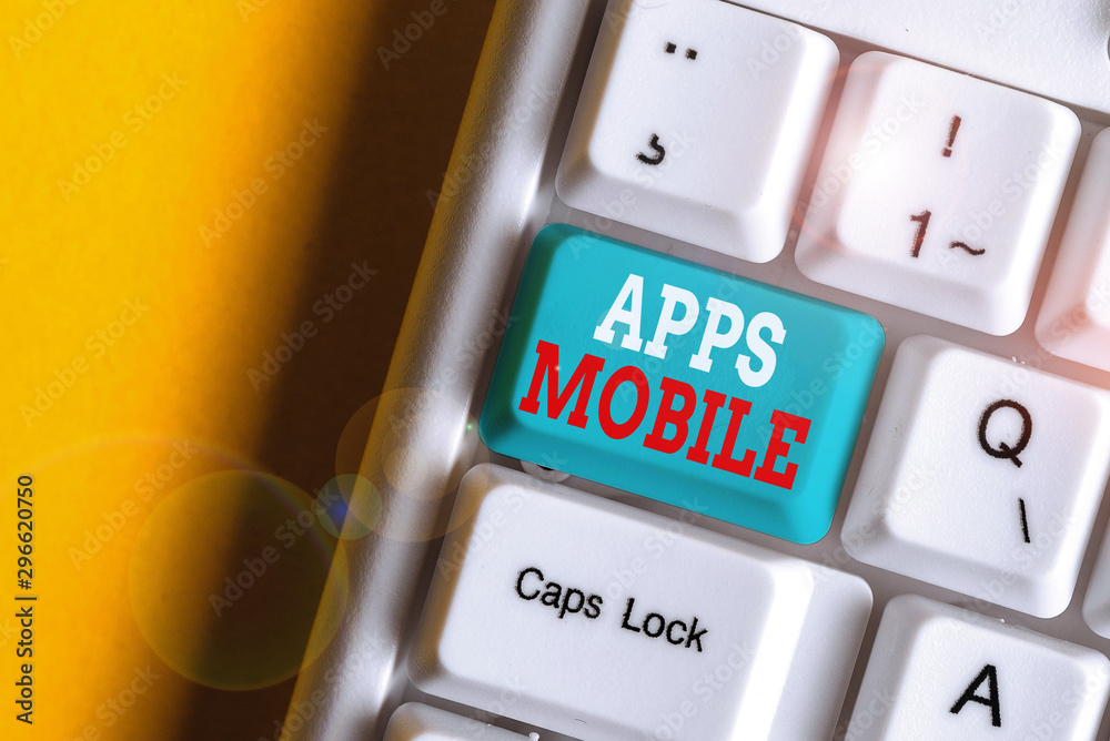 Poster writing note showing apps mobile. business concept for computer program designed to run on phone han