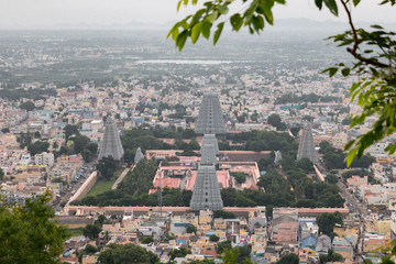 Overall view of the Annamalaiyar temple from the Arunchalahill sacred mountain hiking on a summer day, Tiruvannamalai, Tamil Nadu, India 2019