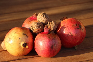 Autumn harvest in the mediterranean island of Crete: pomegranates, walsnuts, lotus
