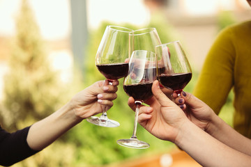People clinking glasses with wine on the summer terrace of cafe or restaurant. Happy cheerful friends celebrate summer or autumn fest. Close up shot of human hands, lifestyle.