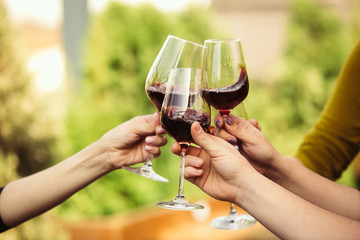 People clinking glasses with wine on the summer terrace of cafe or restaurant. Happy cheerful friends celebrate summer or autumn fest. Close up shot of human hands, lifestyle.