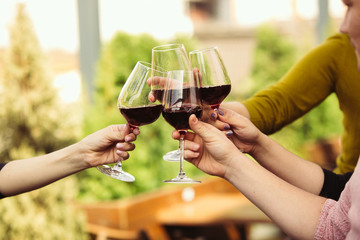 People clinking glasses with wine on the summer terrace of cafe or restaurant. Happy cheerful friends celebrate summer or autumn fest. Close up shot of human hands, lifestyle.