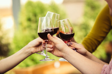 People clinking glasses with wine on the summer terrace of cafe or restaurant. Happy cheerful friends celebrate summer or autumn fest. Close up shot of human hands, lifestyle.