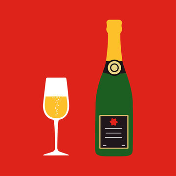 Christmas. Champagne bottle with wine glass on red background. Cartoon flat style. Vector illustration