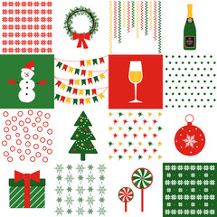 Christmas. Set of Christmas items with festive ornament. Cartoon flat style. Vector illustration