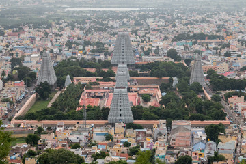 Overall view of the Annamalaiyar temple from the Arunchalahill sacred mountain hiking on a summer day, Tiruvannamalai, Tamil Nadu, India 2019