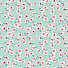 Pattern made of small meadow flowers. Seamless floral background. Botanical ornament in vintage style. Country rustic design. Good for fashion, textile, fabric, bed linen, wrapper,  wallpaper. 