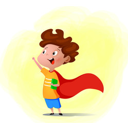 Cartoon child playing superhero with book in