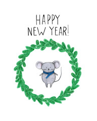 Watercolor illustration. Cute mouse, symbol of 2020 in the center of the circle of Christmas branches. Postcard with the inscription Happy new year. Isolated on white background.