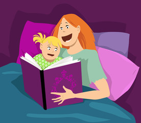 Young mother reading a book to her little girl in bed, EPS 8 vector illustration