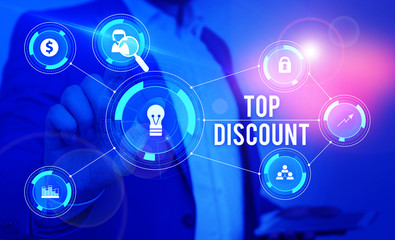 Word writing text Top Discount. Business photo showcasing Best Price Guaranteed Hot Items Crazy Sale Promotions Male human wear formal work suit presenting presentation using smart device