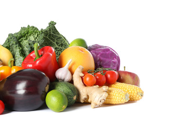 Composition with fresh vegetables and fruits isolated on white background