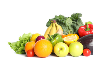 Composition with fresh vegetables and fruits isolated on white background