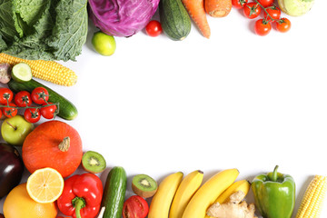 Composition with ripe vegetables and fruits isolated. Top view