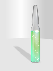 Transparent Medical Ampoule with Neon Green liquid drug solution.Vial hypodermic injection.Treatment disease care and prevention illness.Realistic Glass bottle for vaccine, drug, vitamin, cosmetic