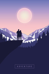 Fototapeta na wymiar couple on a cliff in snowy mountain at moon shine vector illustration EPS10