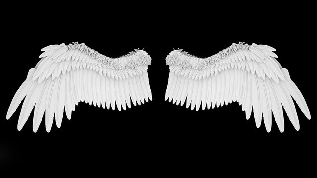 Realistic elegant white angel wings isolated on black background, 3D rendering