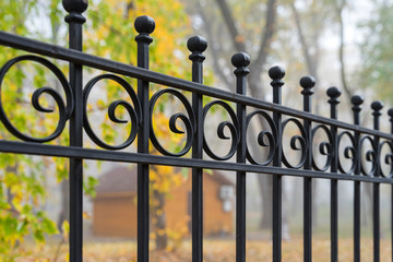 Image of a Beautiful decorative cast iron wrought fence with artistic forging. Metal guardrail...