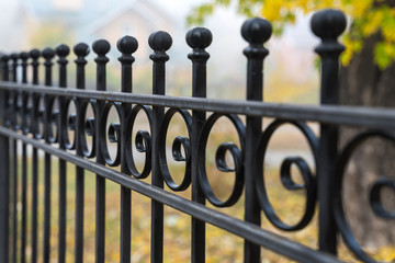 Image of a Beautiful decorative cast iron wrought fence with artistic forging. Metal guardrail close up.