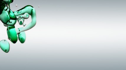 transparent petrol, green blue oil bubbles and fluid shapes in purified water on a white gradient background. Side angle with crystal colored bubbles in purified water cosmetic backdrop with copy spac