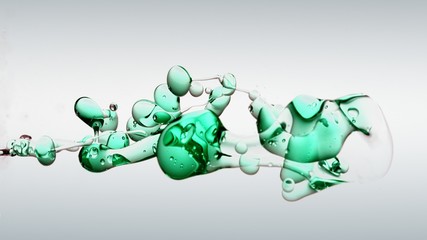 transparent petrol, green blue oil bubbles and fluid shapes in purified water on a white gradient background. Side angle with crystal colored bubbles in purified water cosmetic backdrop with copy spac