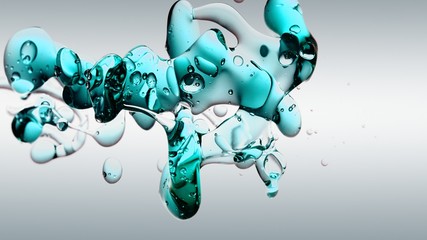 transparent turquoise oil bubbles and fluid shapes in purified water on a white gradient background. Side angle with crystal colored bubbles in purified water cosmetic backdrop with copy space for sci
