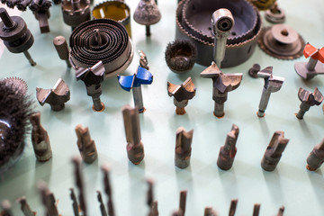 Assorted shapes of drill bits for woodworking