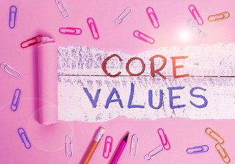 Writing note showing Core Values. Business concept for belief demonstrating or organization views...
