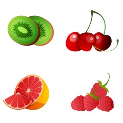 Set of Whole and Slice Fruit For Menu, Advertising, Website. Kiwi, Cherry, Grapefruit, Raspberry. Appetizing fruits in cartoon style.
