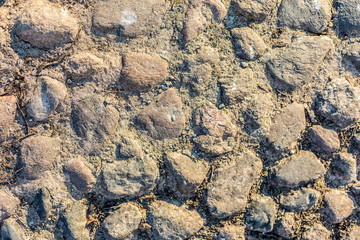 The paved road. Texture. Stones on the ground, gravel.
