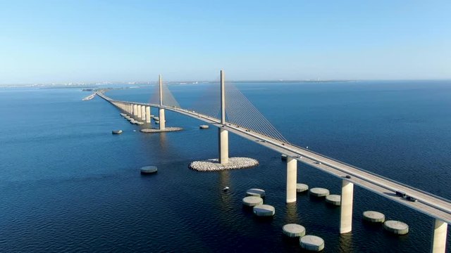 Aerial view of Sunshine Skyway, Tampa Bay Florida, USA. Cable-stayed bridge spanning the Lower Tampa Bay connecting St. Petersburg