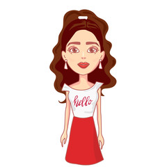 Vector with girl beautiful long hair in casual clothes under the white background.Cartoon people illustration. young вотан whith hairstyle. Front view girl.