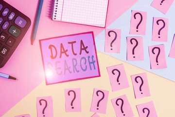 Handwriting text Data Search. Conceptual photo gathers and reports information contains specified terms Mathematics stuff and writing equipment above pastel colours background