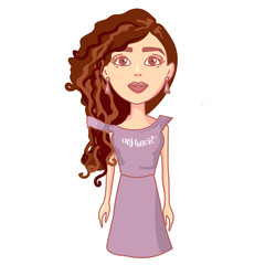 Vector with girl beautiful long hair in casual clothes under the white background.Cartoon people illustration. young вотан whith hairstyle. Front view girl.