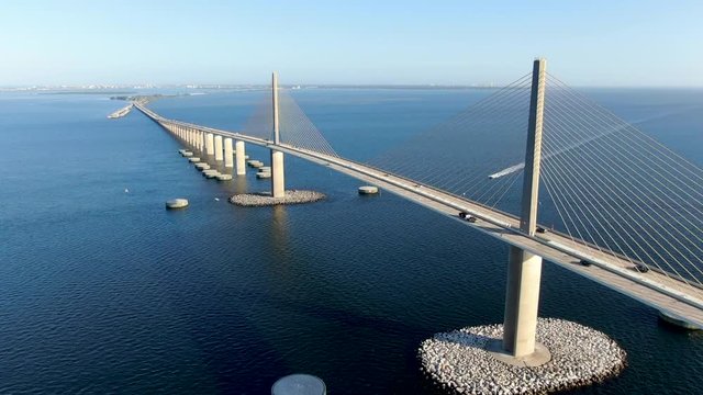 Aerial view of Sunshine Skyway, Tampa Bay Florida, USA. Cable-stayed bridge spanning the Lower Tampa Bay connecting St. Petersburg