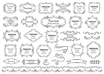 Calligraphic design elements . Decorative swirls or scrolls, vintage frames , flourishes, labels and dividers. Retro vector illustration.