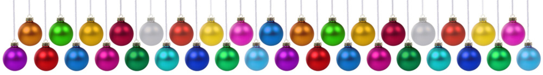 Many Christmas balls baubles banner hanging collection isolated on white
