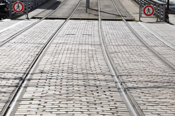 rail tramway with cobblestones in city center of Bordeaux