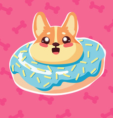 cute cartoon welsh corgi puppy dog with kawaii face in glazed donut on pink background with bones pattern vector illustration. hand drawn lettering quote - good boy