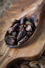 Black Cardamon Seeds  - Indian spices on wooden spoon, macro.